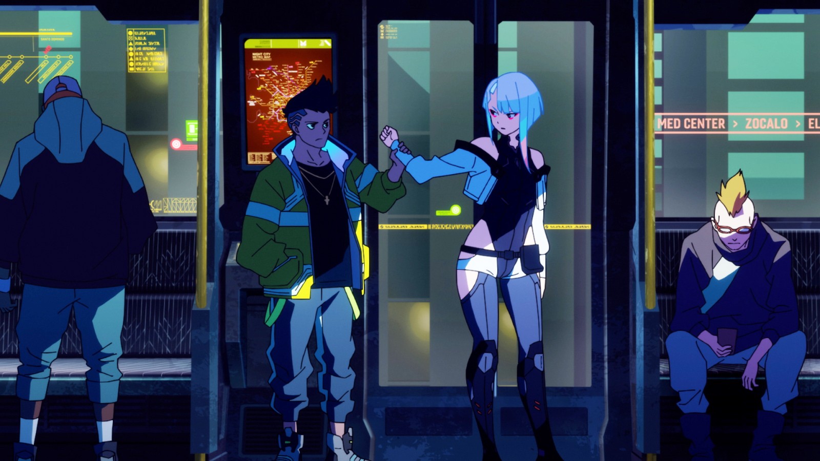 Lucy catching David's wrist on the NCART, the Night City metro map glowing behind them